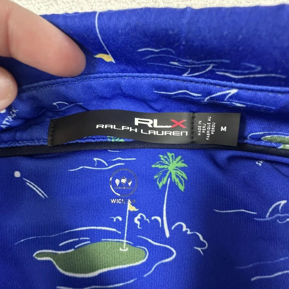 RLX Polo Shirt Mens Medium Blue Golf Course Print Stretch Wicking Ralph Lauren